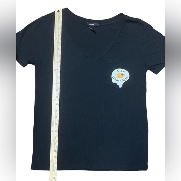 FOREVER 21 Womens Black Solid V-Neck Graphic T-shirt with pocket Small Cotton - Picture 15 of 16